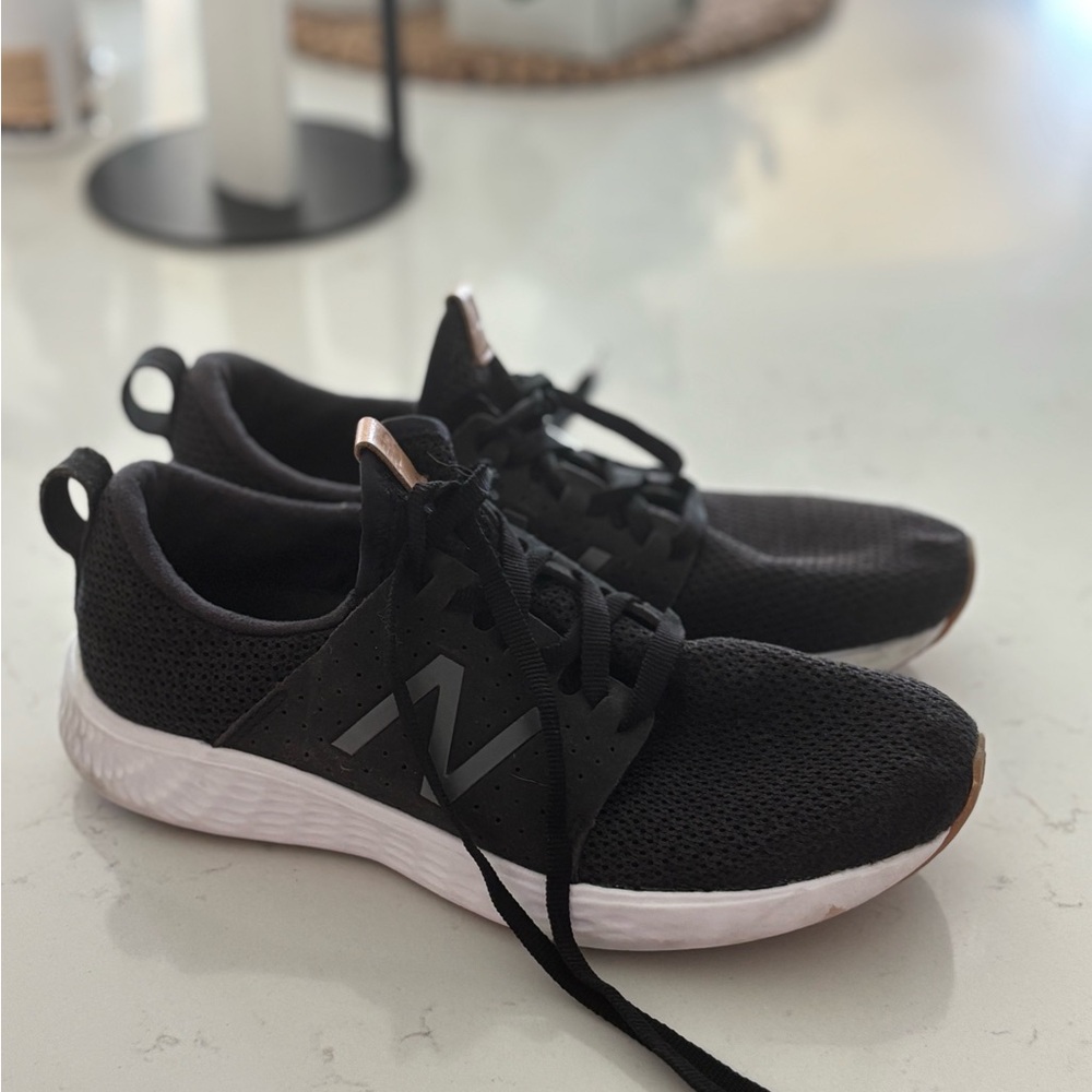New Balance Women's Black Knit Athletic Sneakers with White Soles